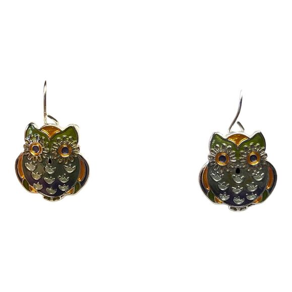 Zarah Wide-Eyed Owl Dangle Earrings Sterling Silver Plated Enamel Bird - Picture 3 of 4